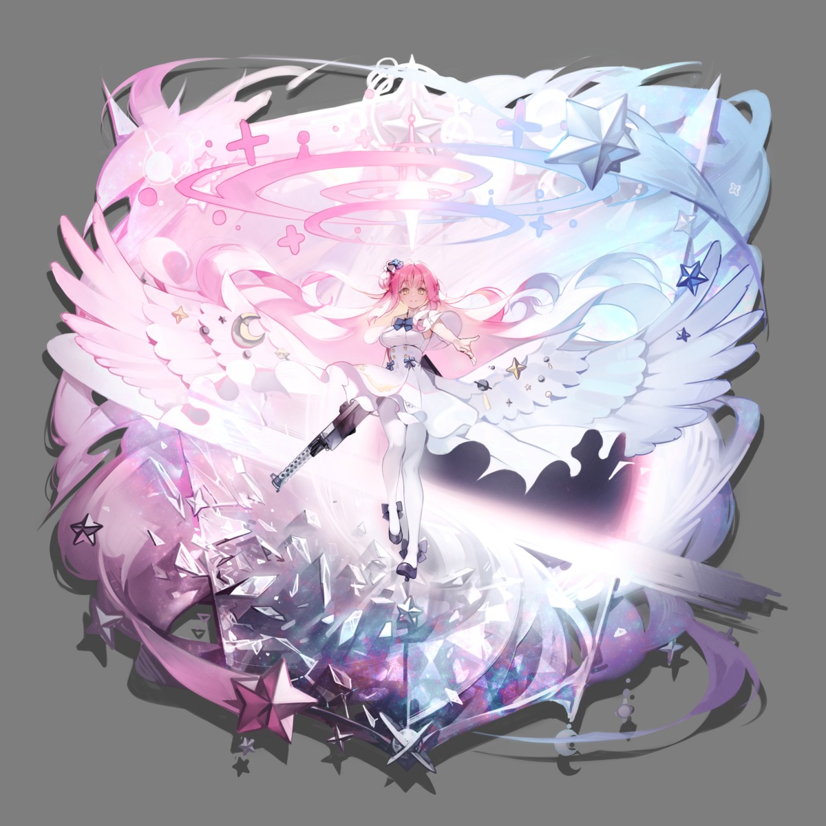 angel, blue_archive, dress, gun, misono_mika, pantyhose, ribiadan, skirt_lift, transparent_png, wings