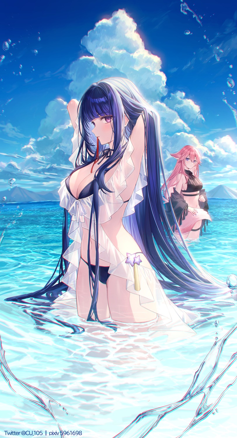 .com_(cu_105), animal_ears, bikini, garter, genshin_impact, kitsune, raiden_shogun, see_through