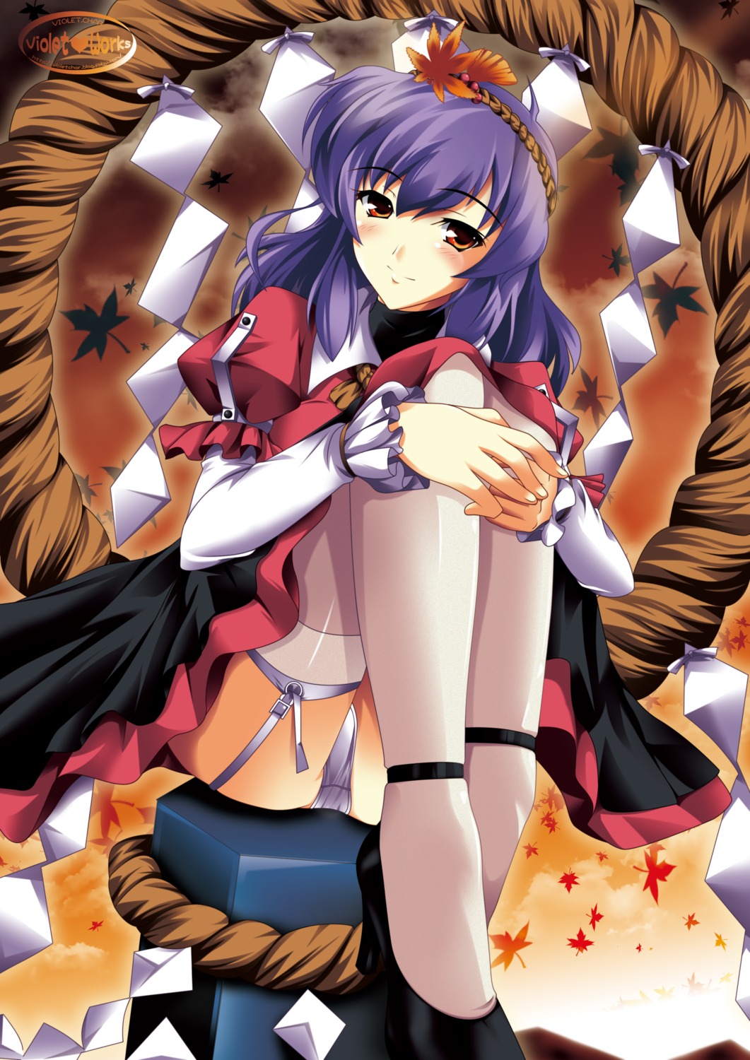 murasaki_natsu, pantsu, thighhighs, touhou, yasaka_kanako