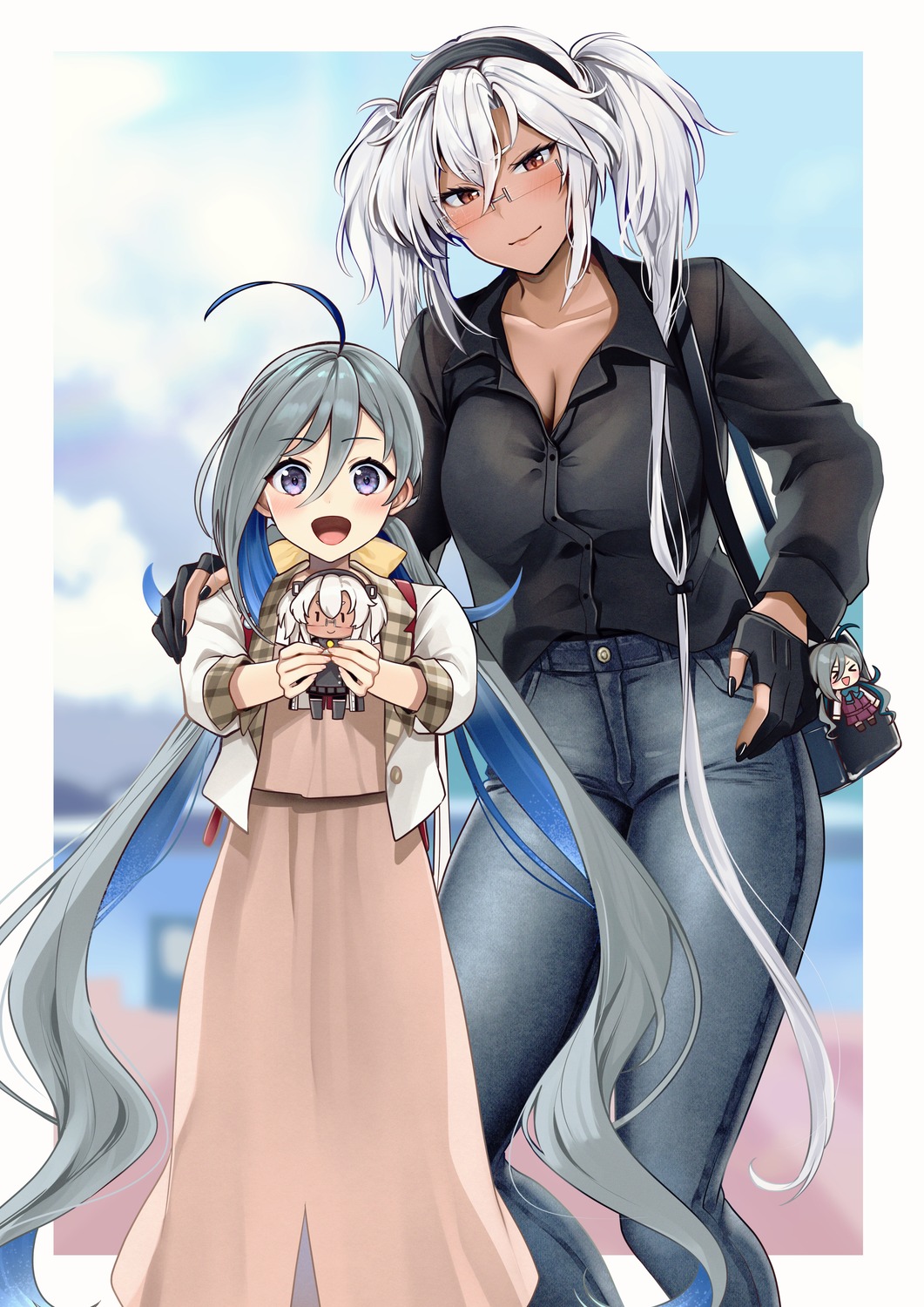 chibi, cleavage, dress_shirt, kantai_collection, kiyoshimo_(kancolle), megane, musashi_(kancolle), open_shirt