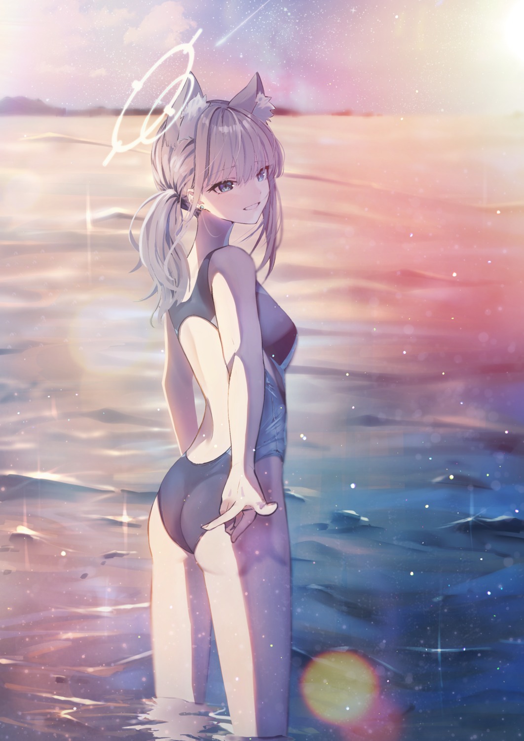 animal_ears, ass, blue_archive, halo, kamiyama_sumu, nekomimi, sunaookami_shiroko, swimsuits, wet