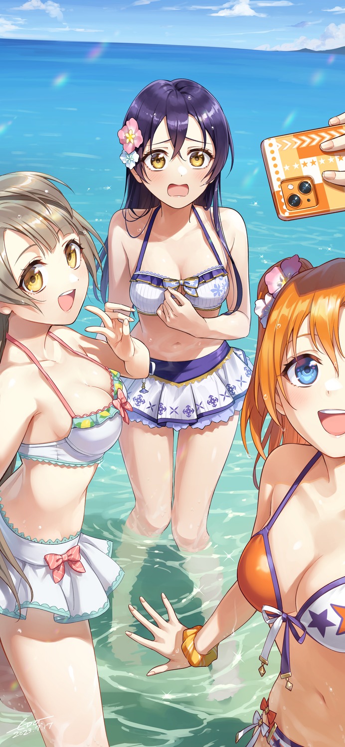 bikini, kousaka_honoka, love_live!, love_live!_(series), minami_kotori, selfie, sonoda_umi, swimsuits, wedo, wet