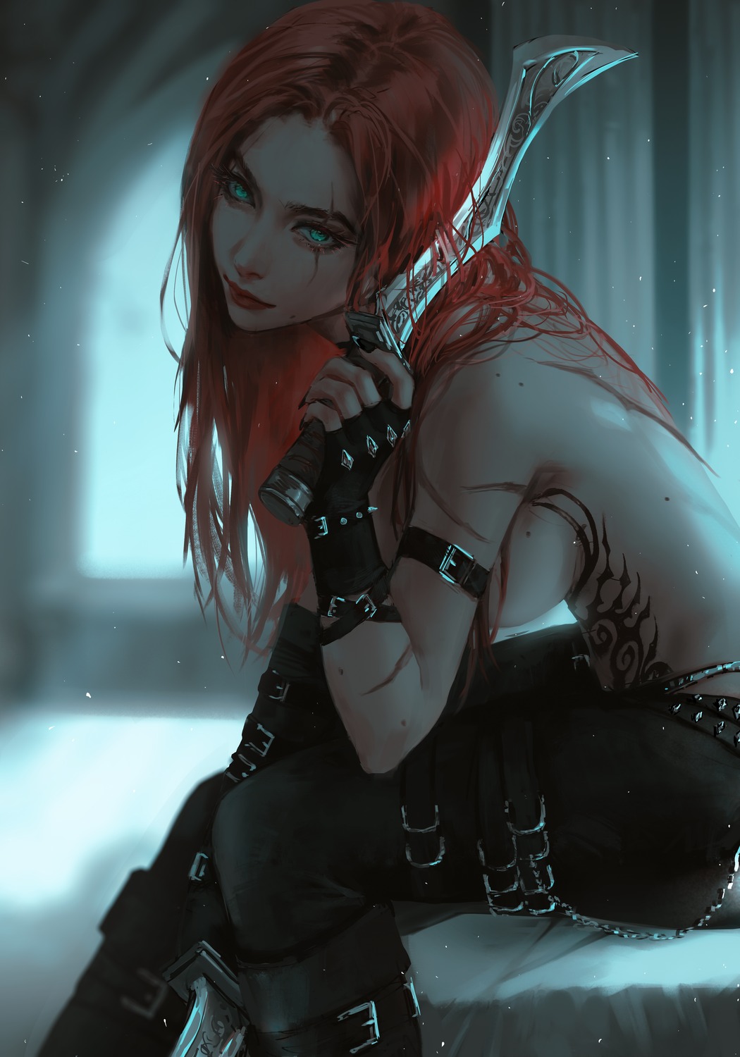 katarina_du_couteau, league_of_legends, nixeu, tattoo, topless, weapon