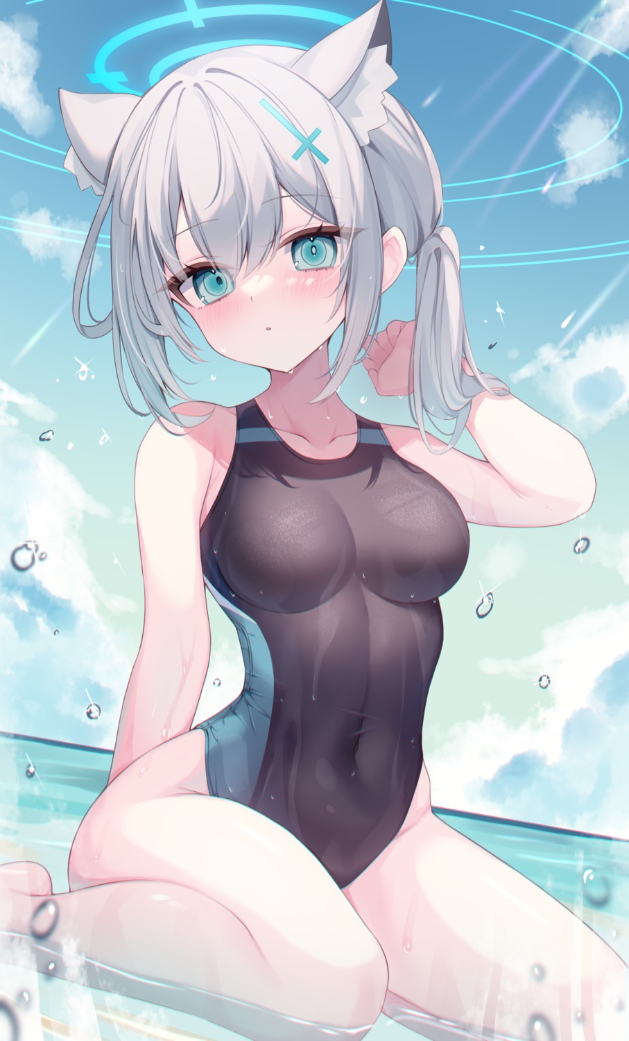 213_gou, animal_ears, blue_archive, halo, nekomimi, sunaookami_shiroko, swimsuits