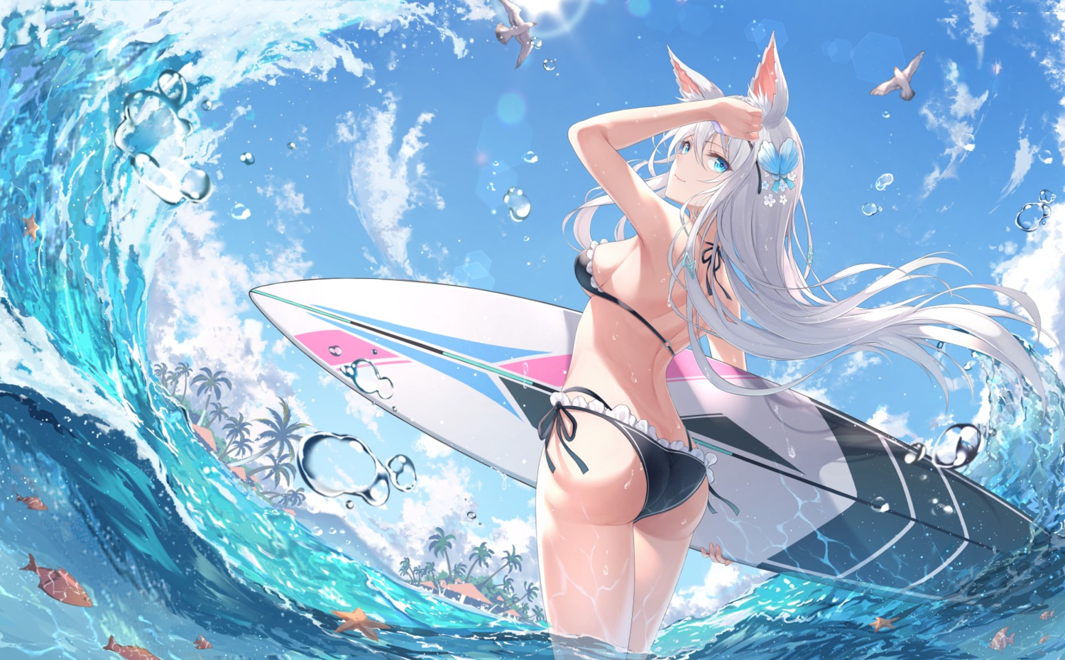 animal_ears, ass, bikini, fuuro_(johnsonwade), swimsuits, thong, wet