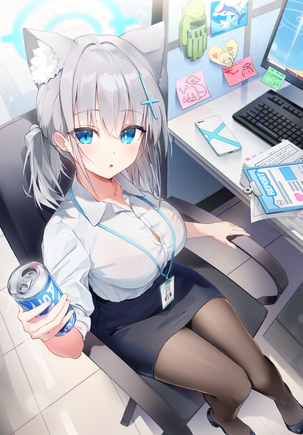 animal_ears, blue_archive, cleavage, dress_shirt, halo, miltea, nekomimi, pantyhose, sunaookami_shiroko