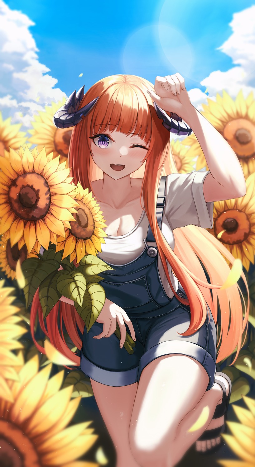 arknights, bagpipe_(arknights), cleavage, daisy_cutter, horns, overalls