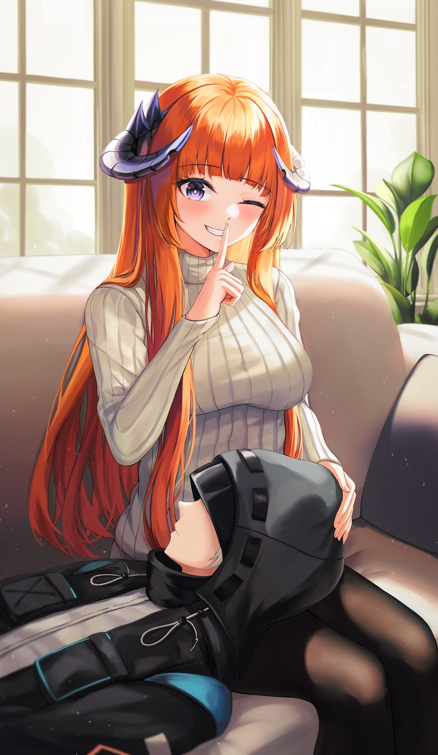 arknights, bagpipe_(arknights), daisy_cutter, doctor_(arknights), horns, pantyhose, sweater