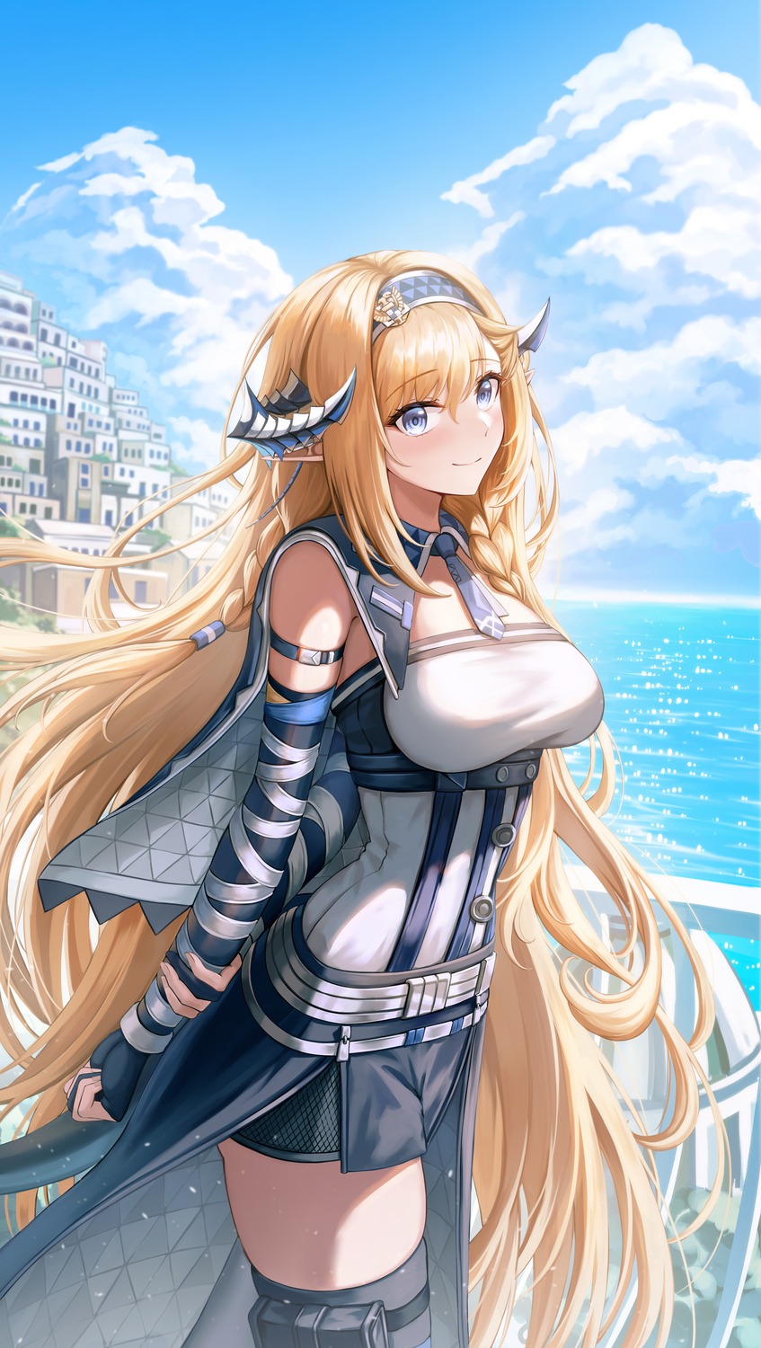 arknights, daisy_cutter, fishnets, garter, horns, pointy_ears, saileach_(arknights), thighhighs