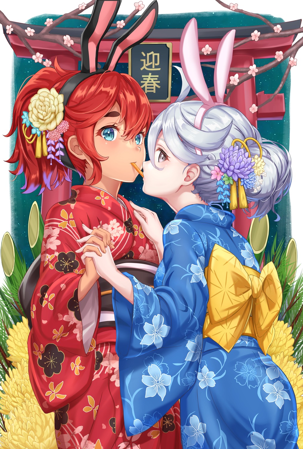 animal_ears, bunny_ears, gundam, gundam_suisei_no_majo, kimono, miorine_rembran, nonoa_(pixiv_28973364), suletta_mercury
