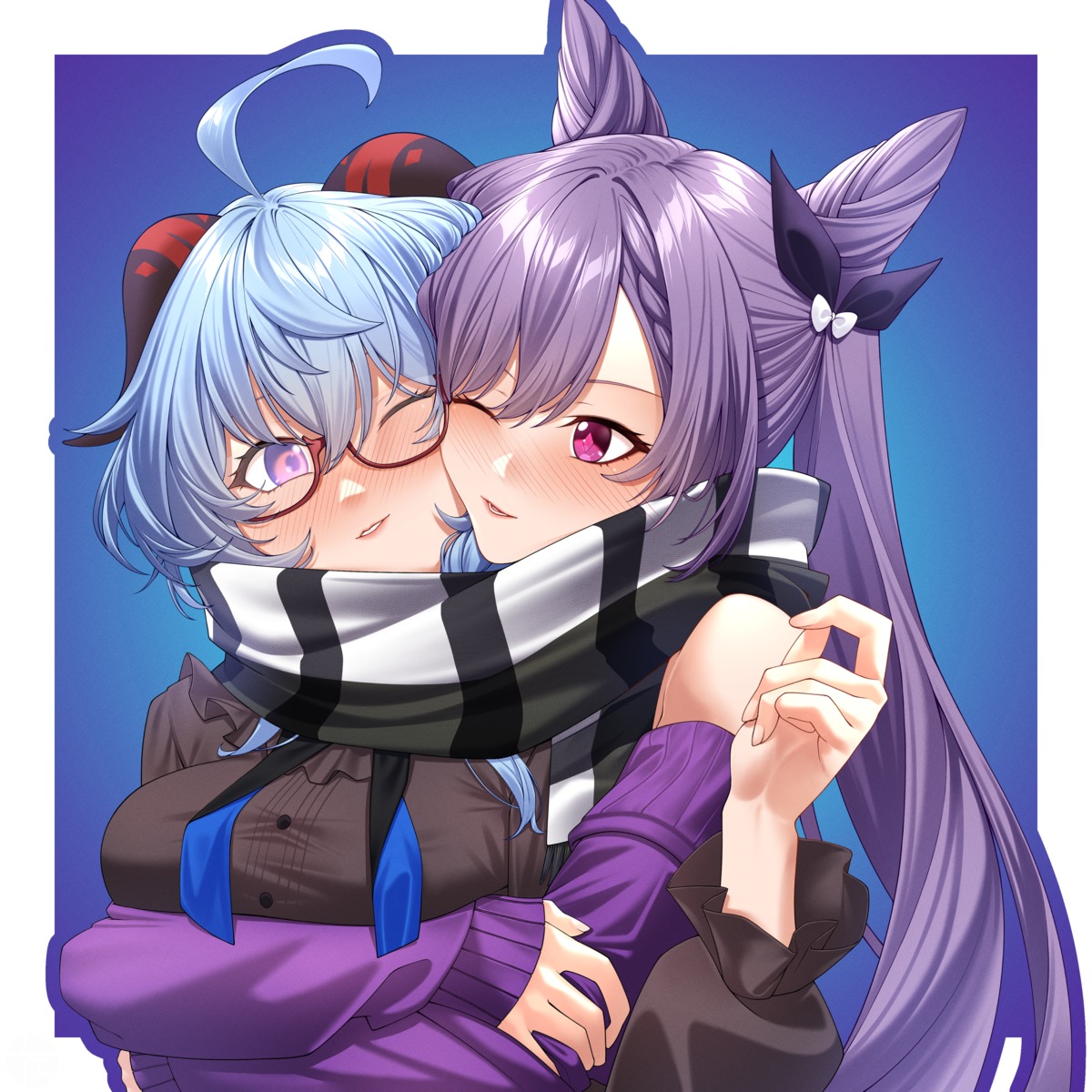 ganyu, genshin_impact, horns, keqing, megane, soruna_(nell), yuri