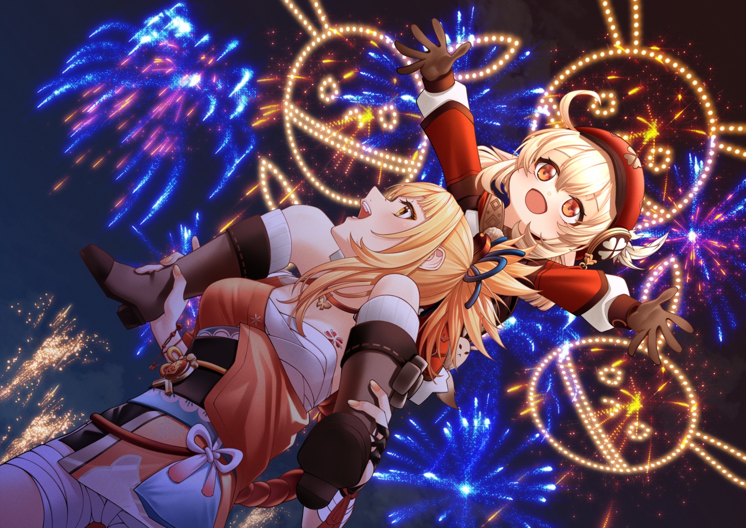 bandages, genshin_impact, heels, japanese_clothes, klee, pointy_ears, sarashi, soruna_(nell), tattoo, yoimiya