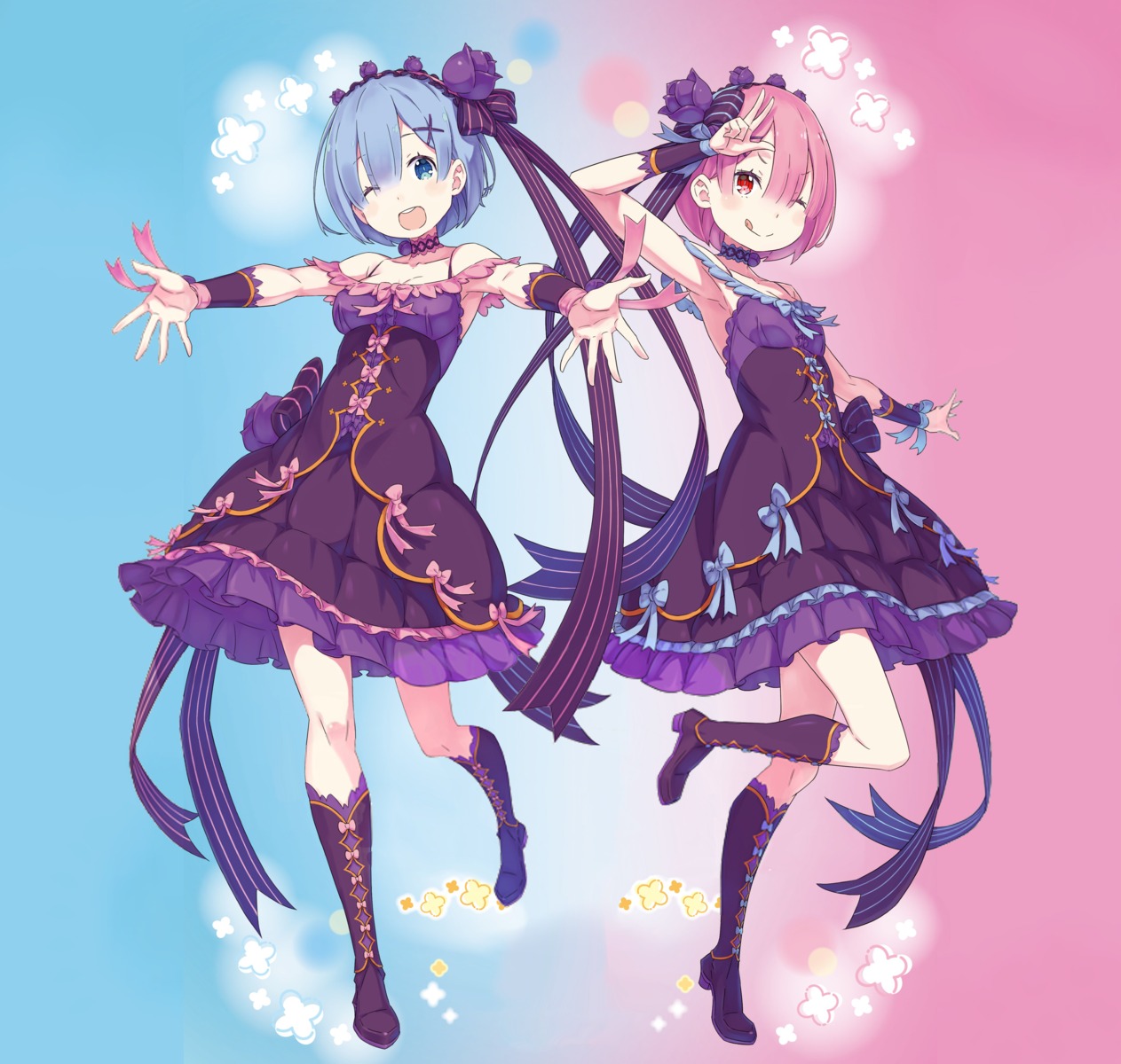 dress, heels, ootsuka_shinichirou, ram_(re_zero), re:zero_kara_hajimeru_isekai_seikatsu, rem_(re_zero)