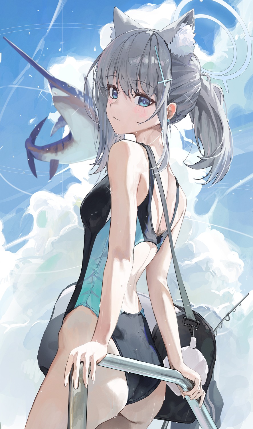 animal_ears, ass, blue_archive, halo, nekomimi, serie_niai, sunaookami_shiroko, swimsuits