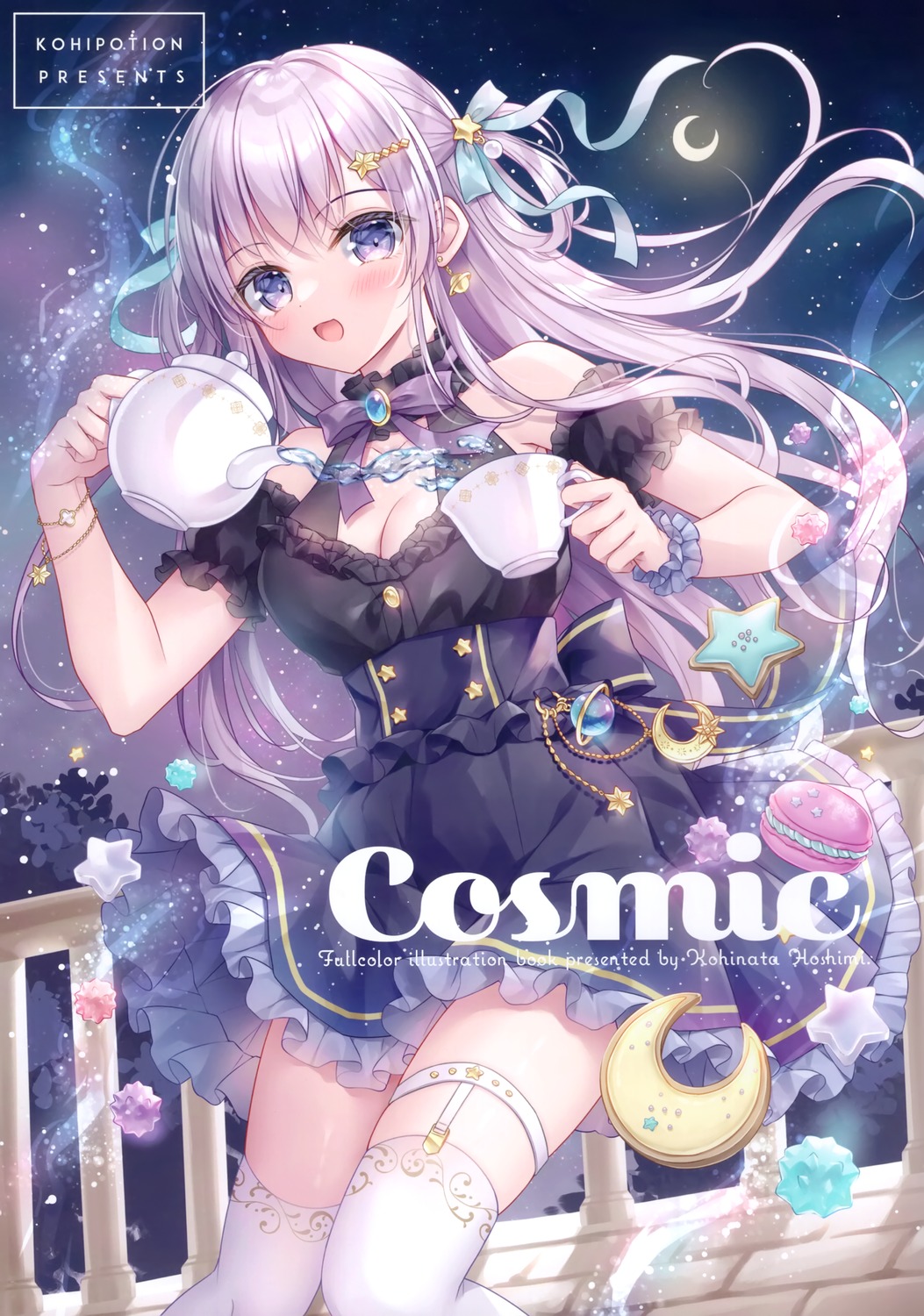 cleavage, dress, garter, kohinata_hoshimi, skirt_lift, stockings, thighhighs