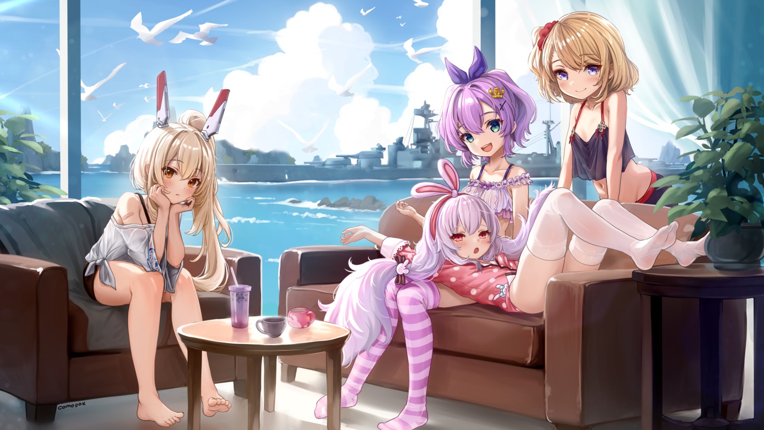 animal_ears, ayanami_(azur_lane), azur_lane, bandaid, bunny_ears, comodomodo, javelin_(azur_lane), laffey_(azur_lane), see_through, thighhighs, z23_(azur_lane)