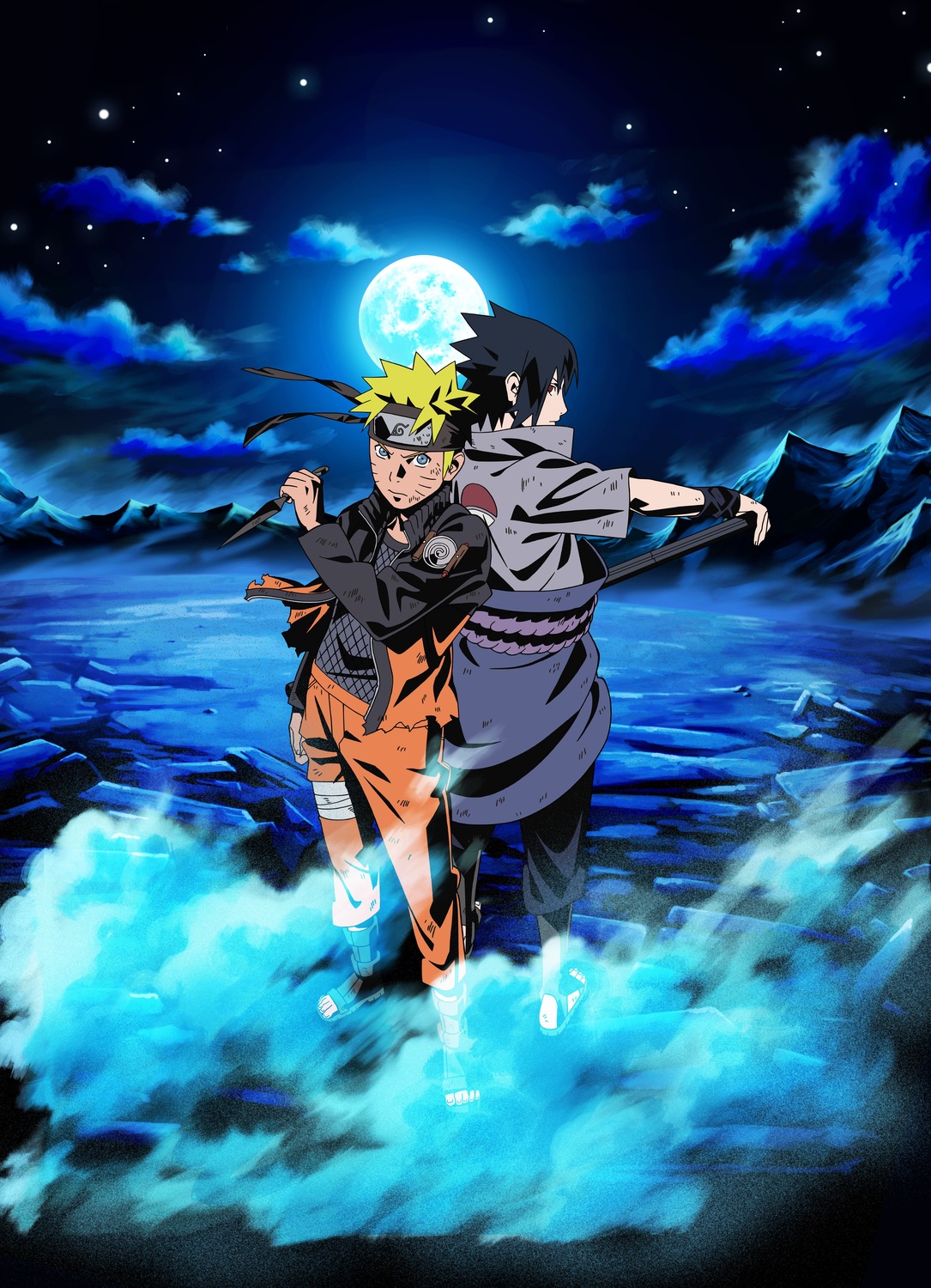 male, naruto, naruto_shippuden, nishio_tetsuya, sword, uchiha_sasuke, uzumaki_naruto, weapon
