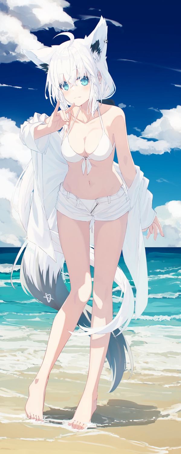animal_ears, bikini, hololive, hololive_gamers, kitsune, nagishiro_mito, open_shirt, shirakami_fubuki, swimsuits, tail