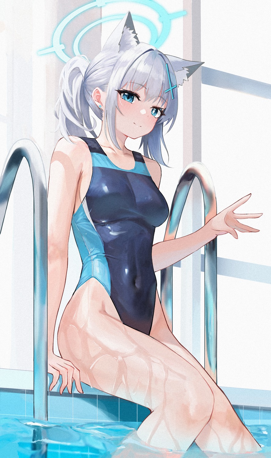 animal_ears, astelia, blue_archive, halo, nekomimi, sunaookami_shiroko, swimsuits, wet