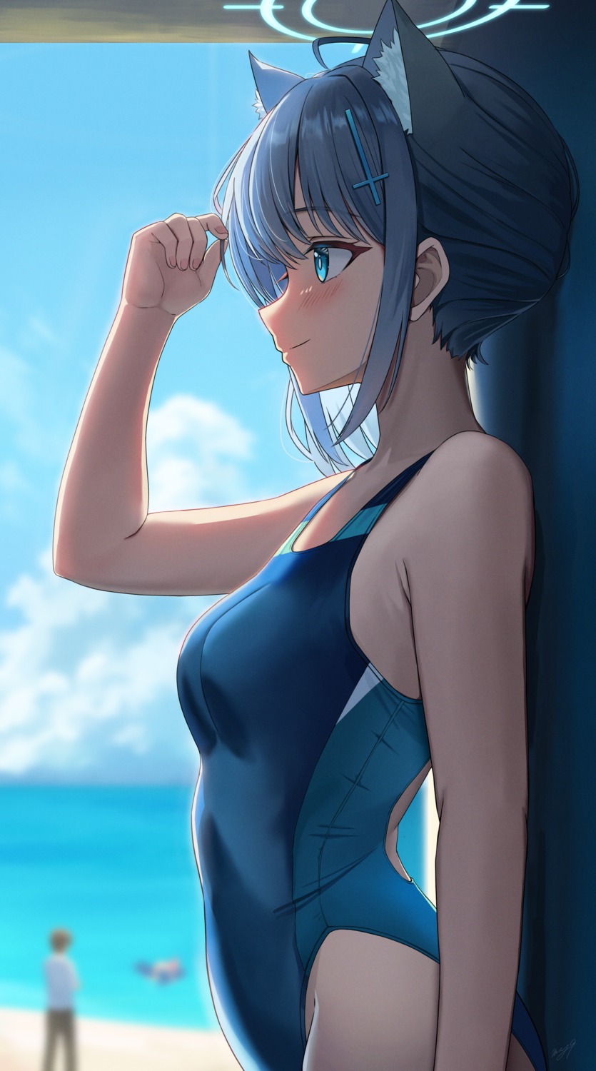 animal_ears, blue_archive, halo, may9, nekomimi, sunaookami_shiroko, swimsuits