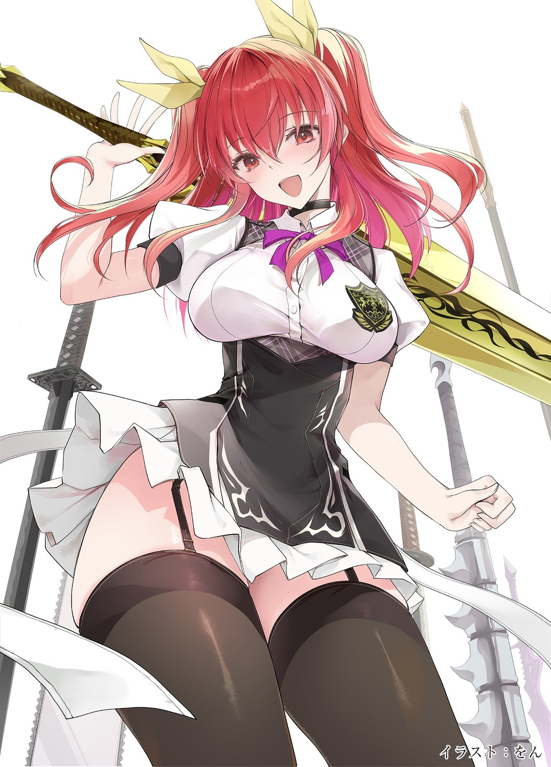 rakudai_kishi_no_cavalry, seifuku, skirt_lift, stella_vermillion, stockings, sword, thighhighs, won_(az_hybrid)