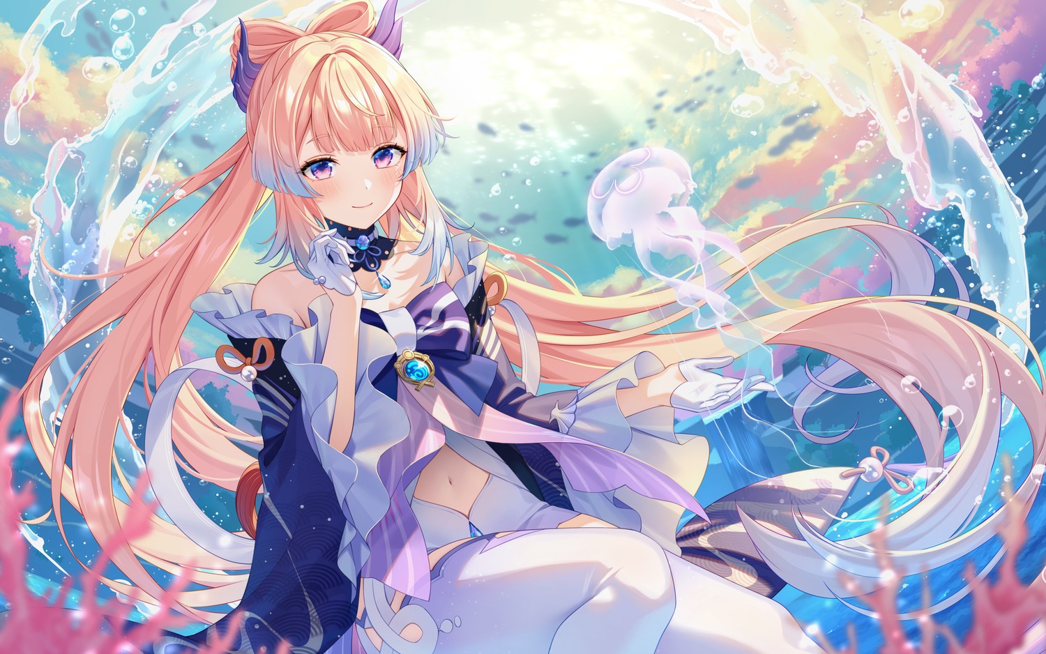 bshi_edayo, dress, genshin_impact, sangonomiya_kokomi, thighhighs