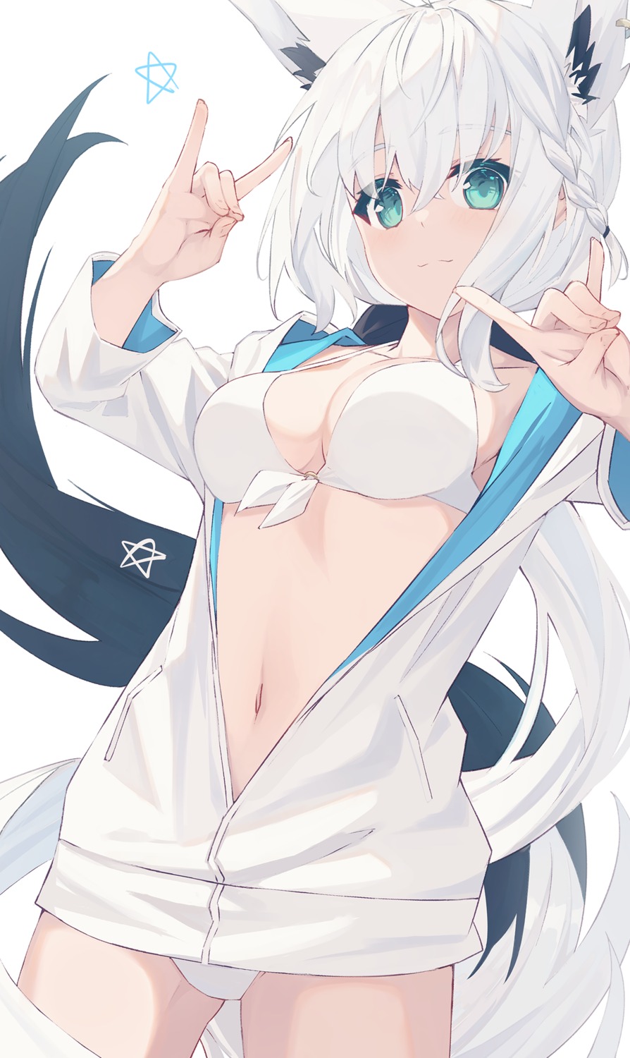 animal_ears, bikini, hololive, hololive_gamers, kitsune, nagishiro_mito, open_shirt, shirakami_fubuki