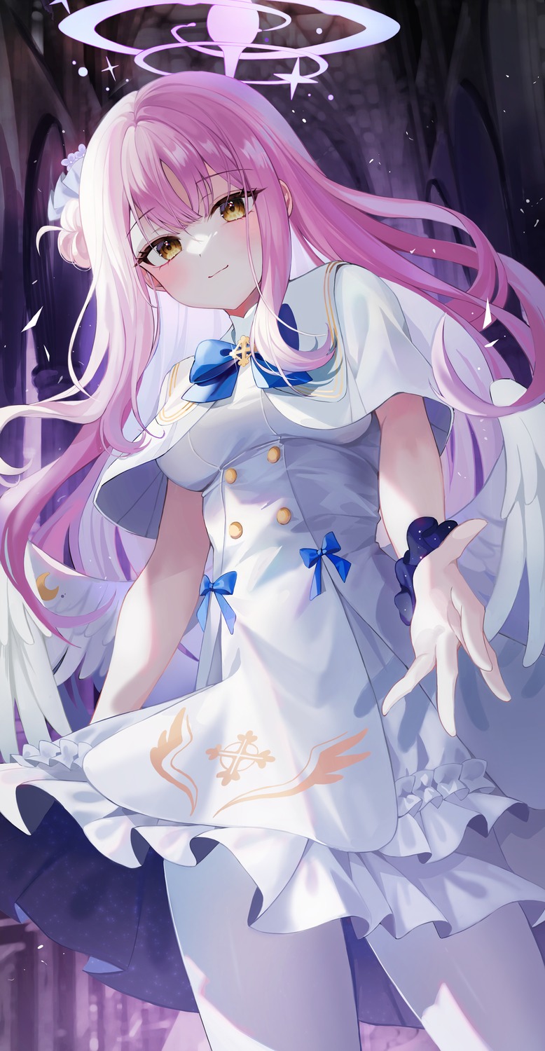 angel, blue_archive, dress, misono_mika, pantyhose, riyonn, skirt_lift, wings