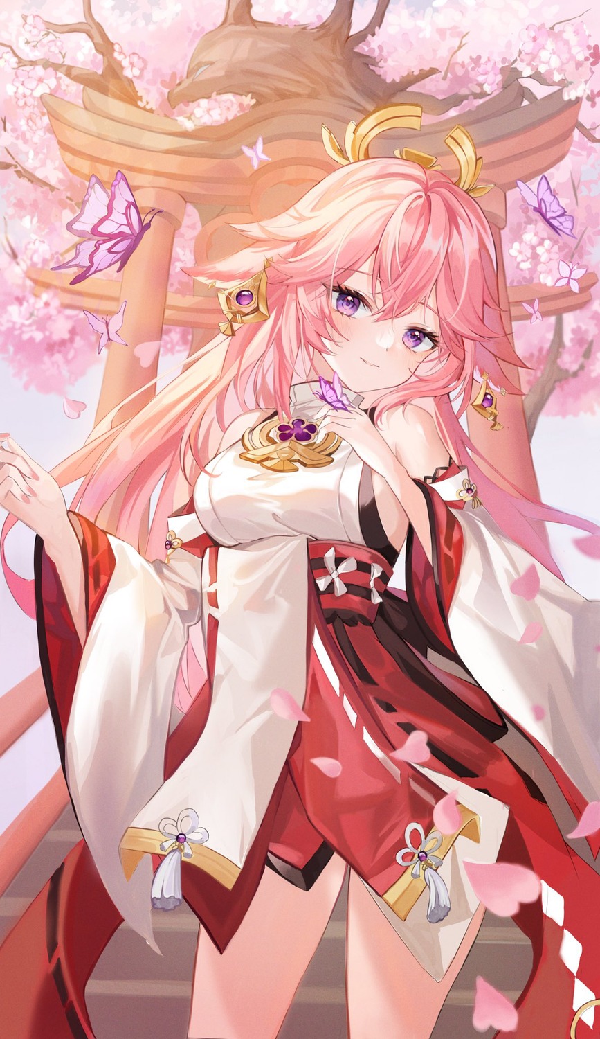animal_ears, genshin_impact, japanese_clothes, kitsune, no_bra, riyonn, yae_miko