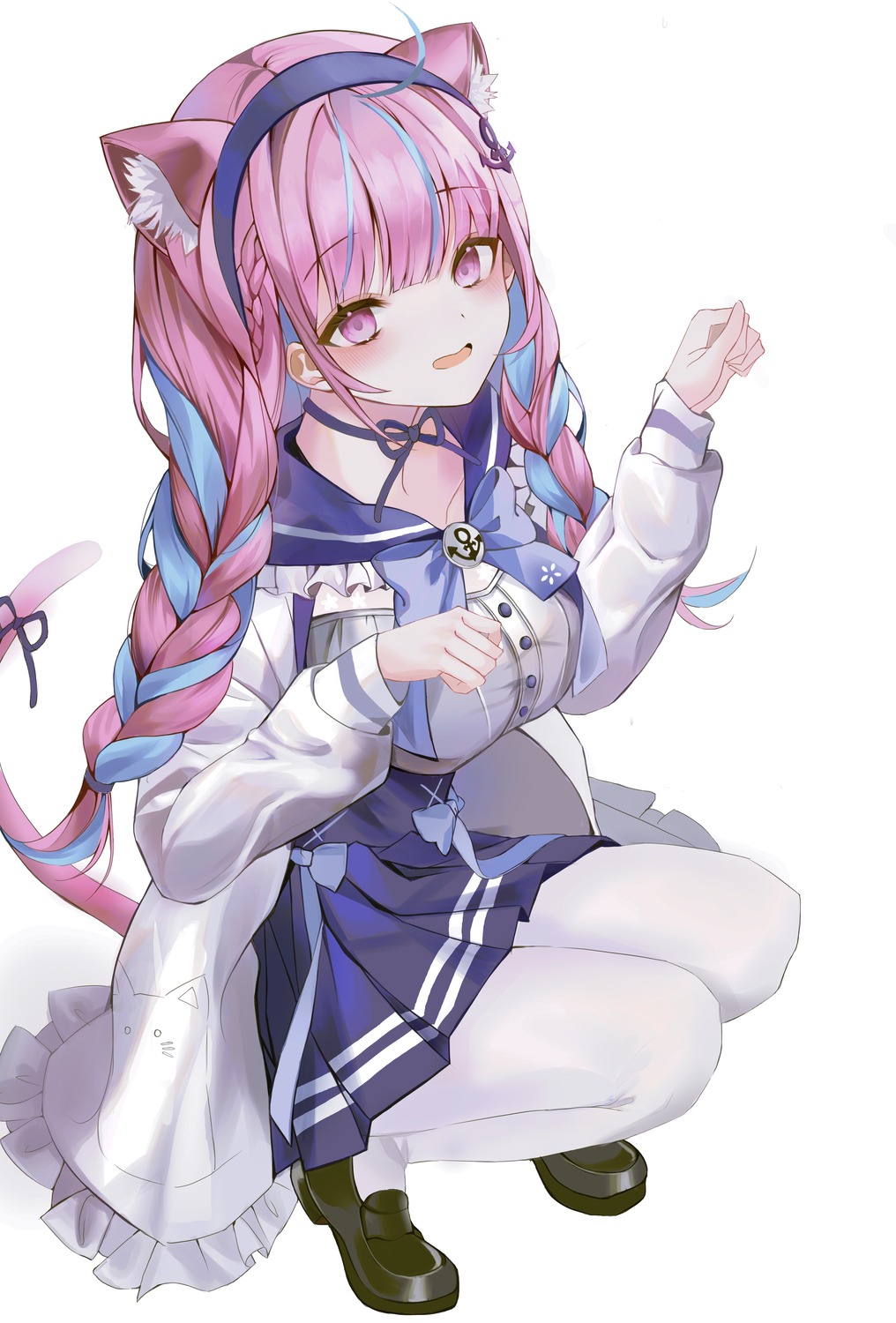 animal_ears, hololive, minato_aqua, nekomimi, pantyhose, riyonn, seifuku, tail