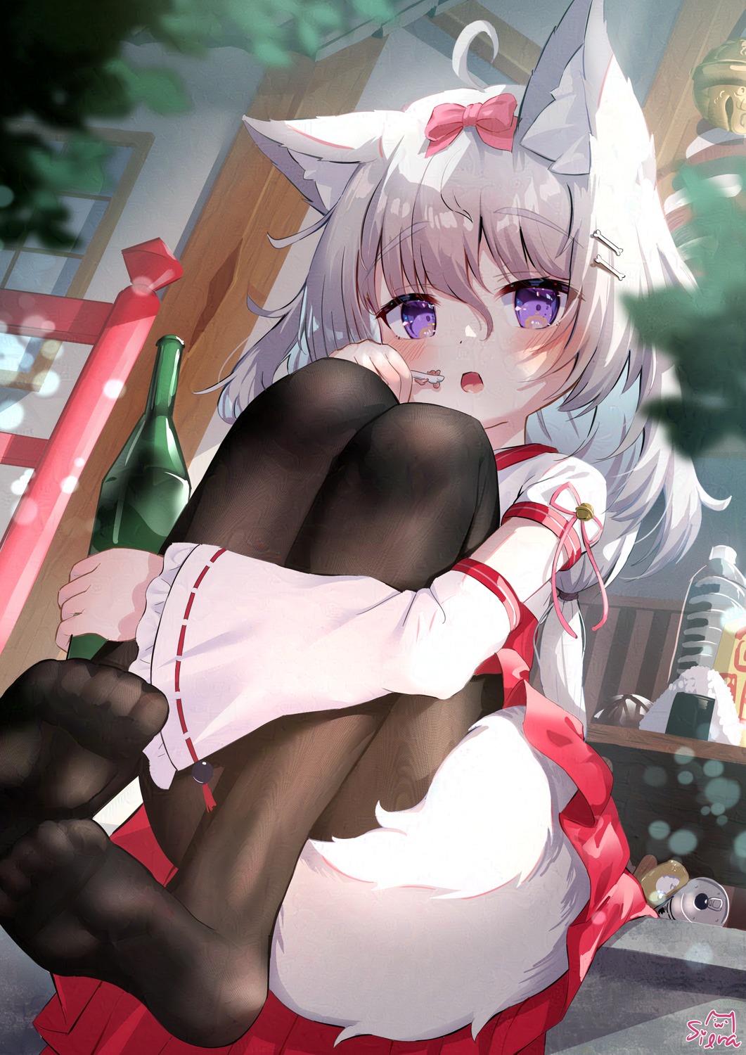 animal_ears, feet, kitsune, miko, pantyhose, siera_(sieracitrus), skirt_lift, tail