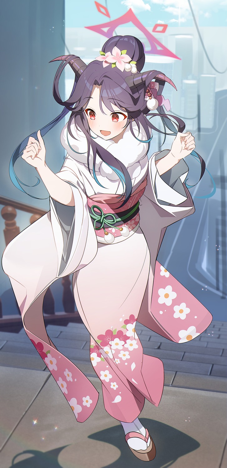 aikiyo_fuuka, blue_archive, eucha, halo, horns, kimono
