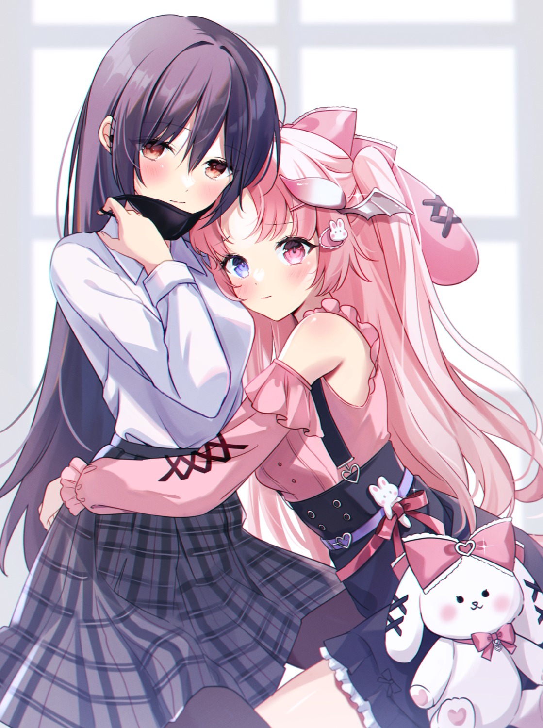 heterochromia, horns, pantyhose, seifuku, su2525, wings, yuri