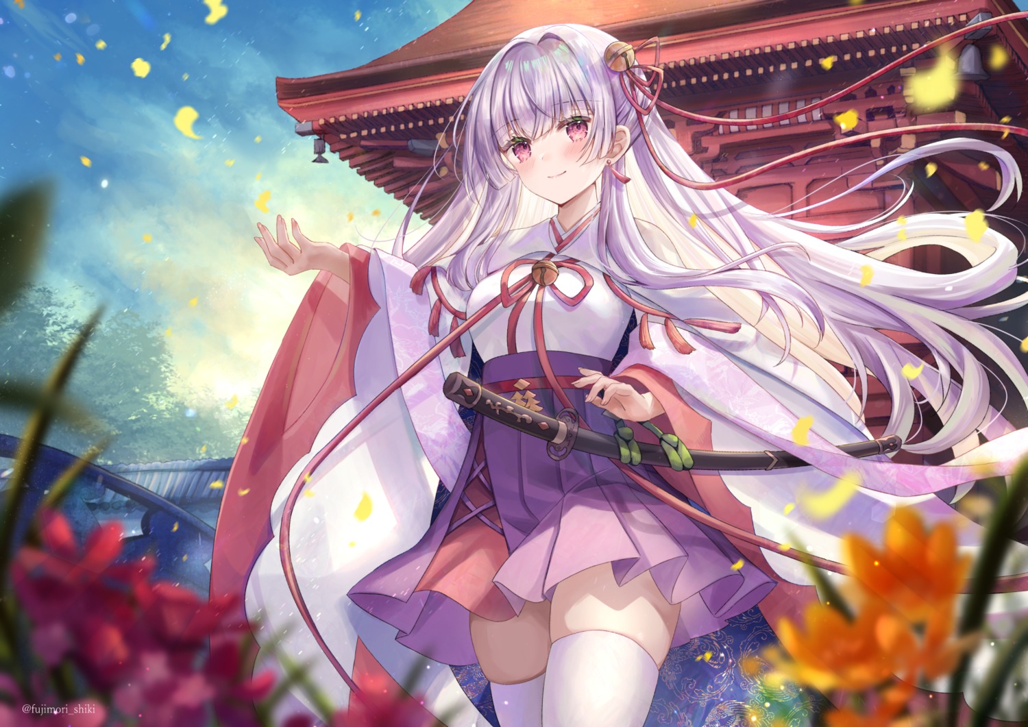 fujimori_shiki, japanese_clothes, skirt_lift, sword, thighhighs