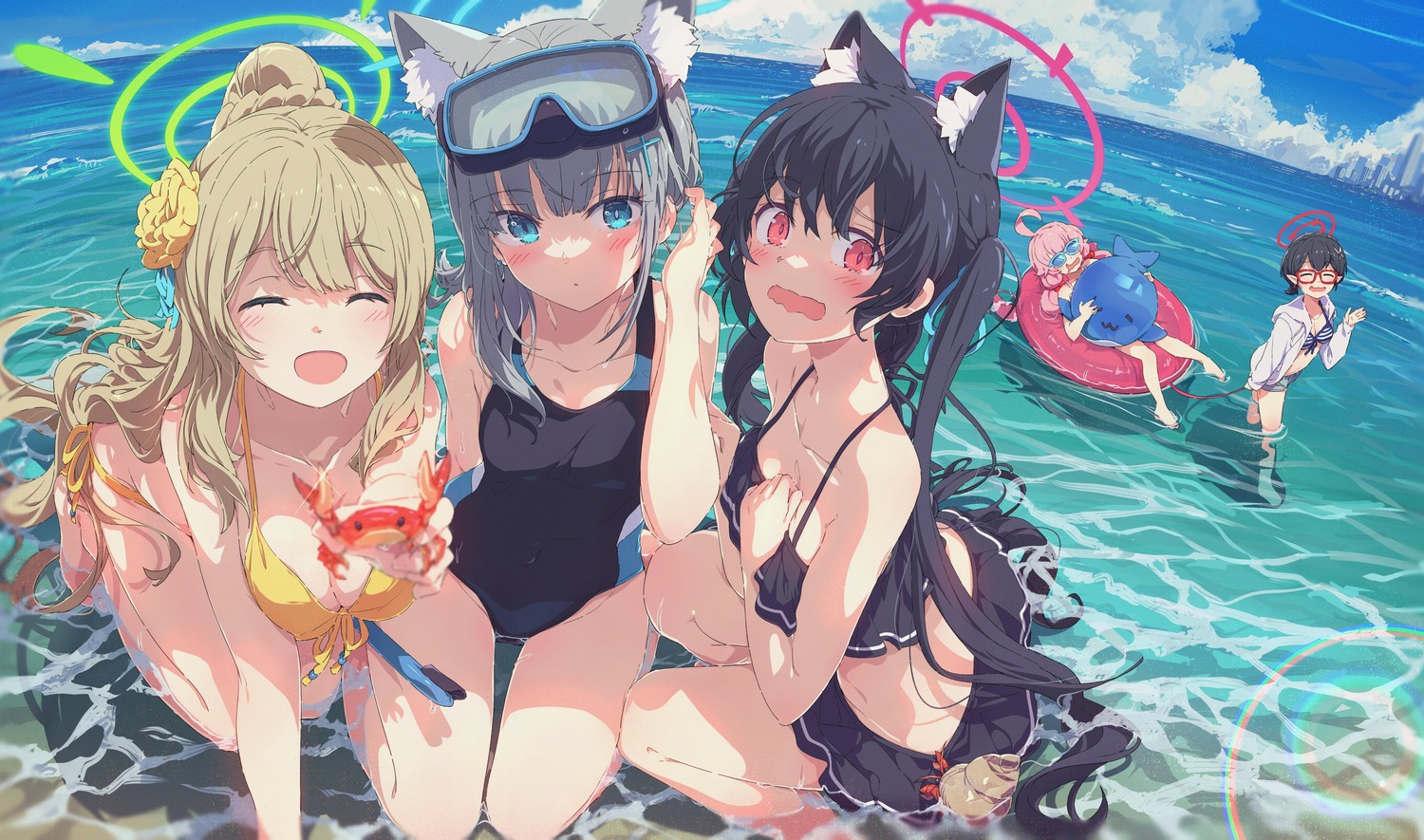 animal_ears, bikini, blue_archive, halo, izayoi_nonomi, kuromi_serika, megane, nekomimi