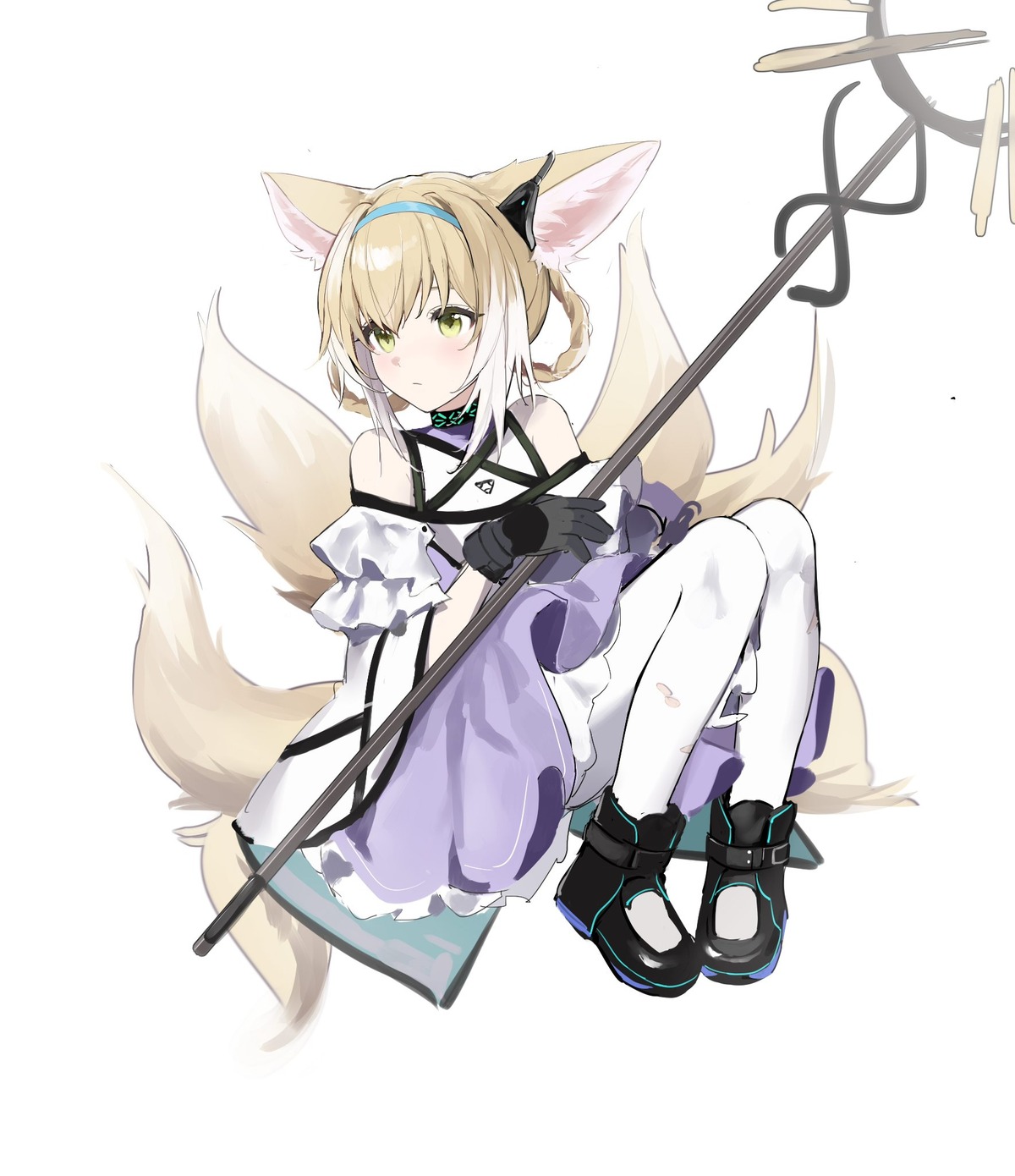 animal_ears, arknights, dress, joshua_(shisanli934), kitsune, loli, pantyhose, skirt_lift, suzuran_(arknights), tail, weapon