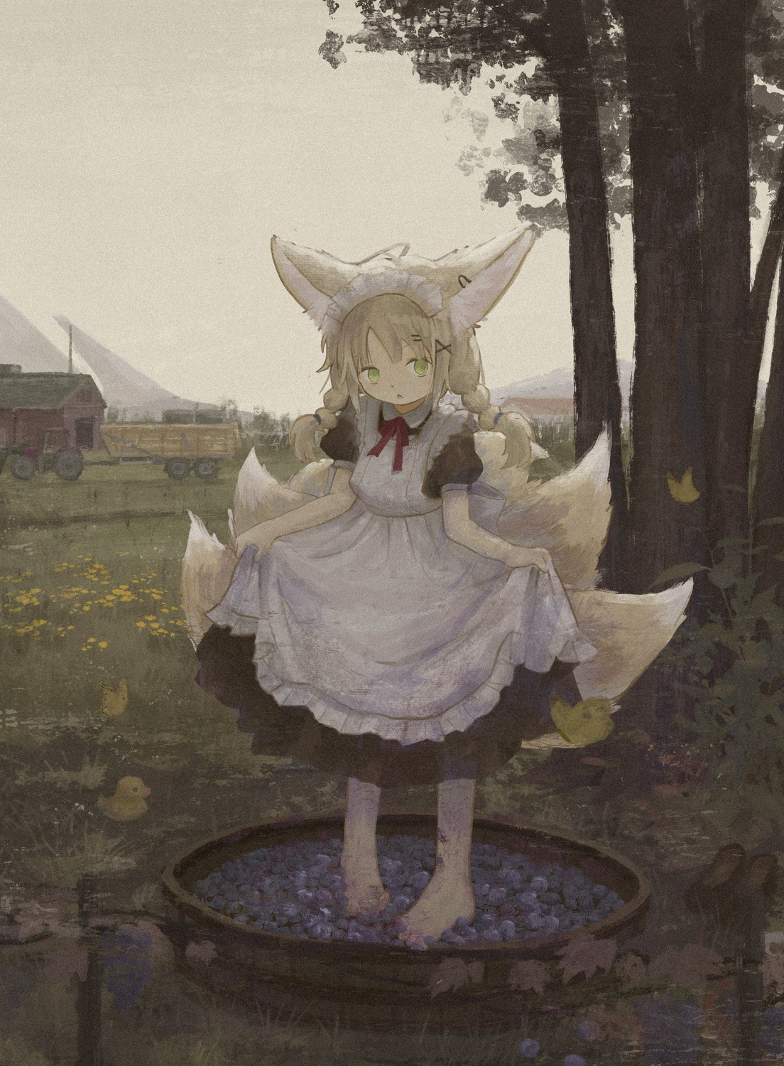 animal_ears, arknights, kitsune, maid, mani_tamlyn, skirt_lift, suzuran_(arknights), tail