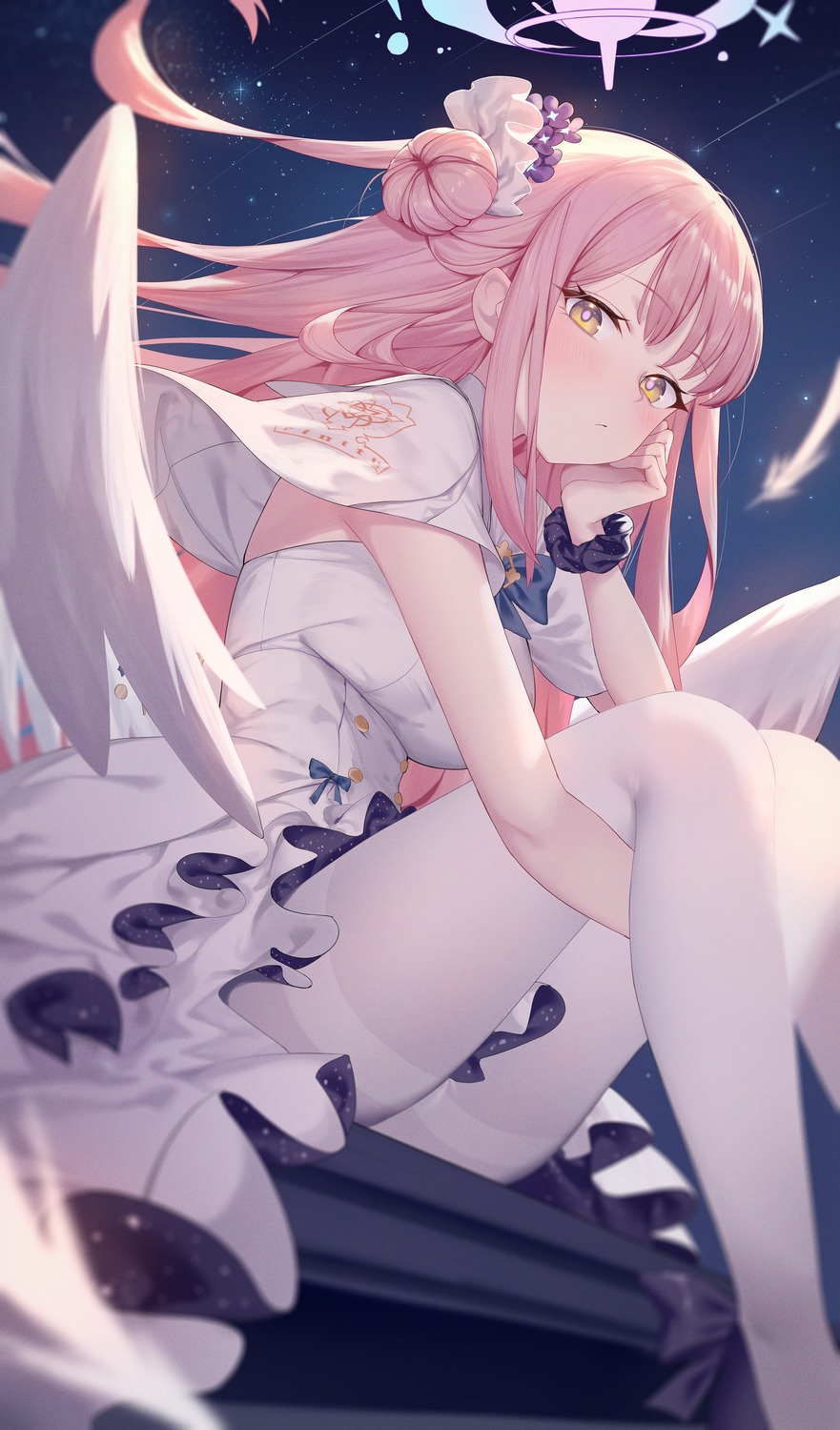angel, blue_archive, dress, misono_mika, pantyhose, roi_(liu_tian), skirt_lift, wings