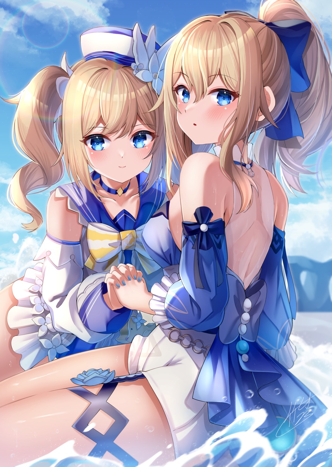 barbara_(genshin_impact), dress, garter, genshin_impact, jean_gunnhildr, see_through, takemura_kou, wet