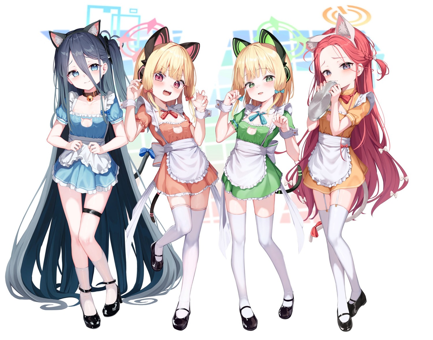animal_ears, blue_archive, garter, halo, hanaoka_yuzu, headphones, maid, mannack, nekomimi, saiba_midori, saiba_momoi, stockings, tail, tendou_aris, thighhighs