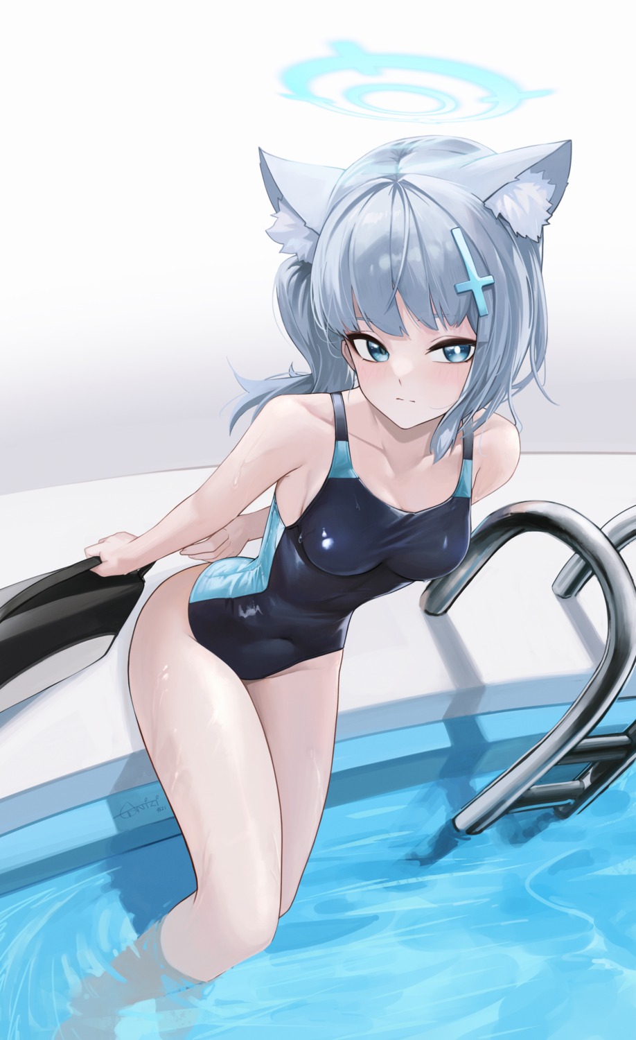 animal_ears, anizi, blue_archive, halo, nekomimi, sunaookami_shiroko, swimsuits, wet