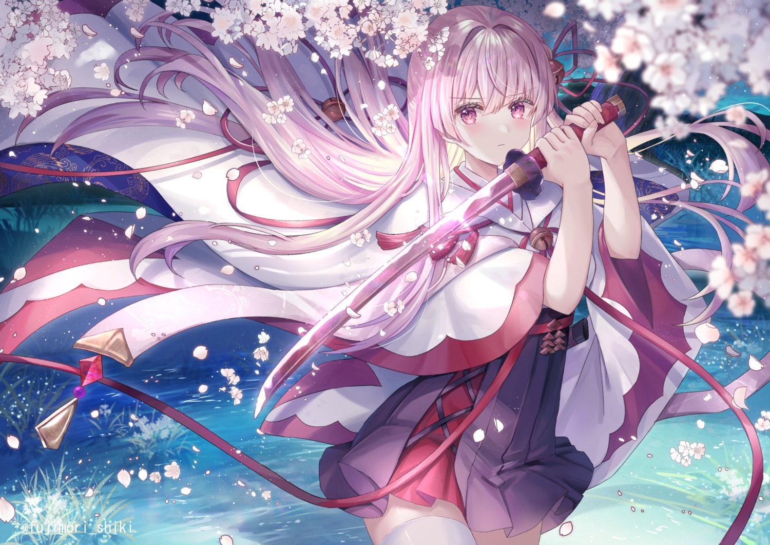 fujimori_shiki, japanese_clothes, sword, thighhighs