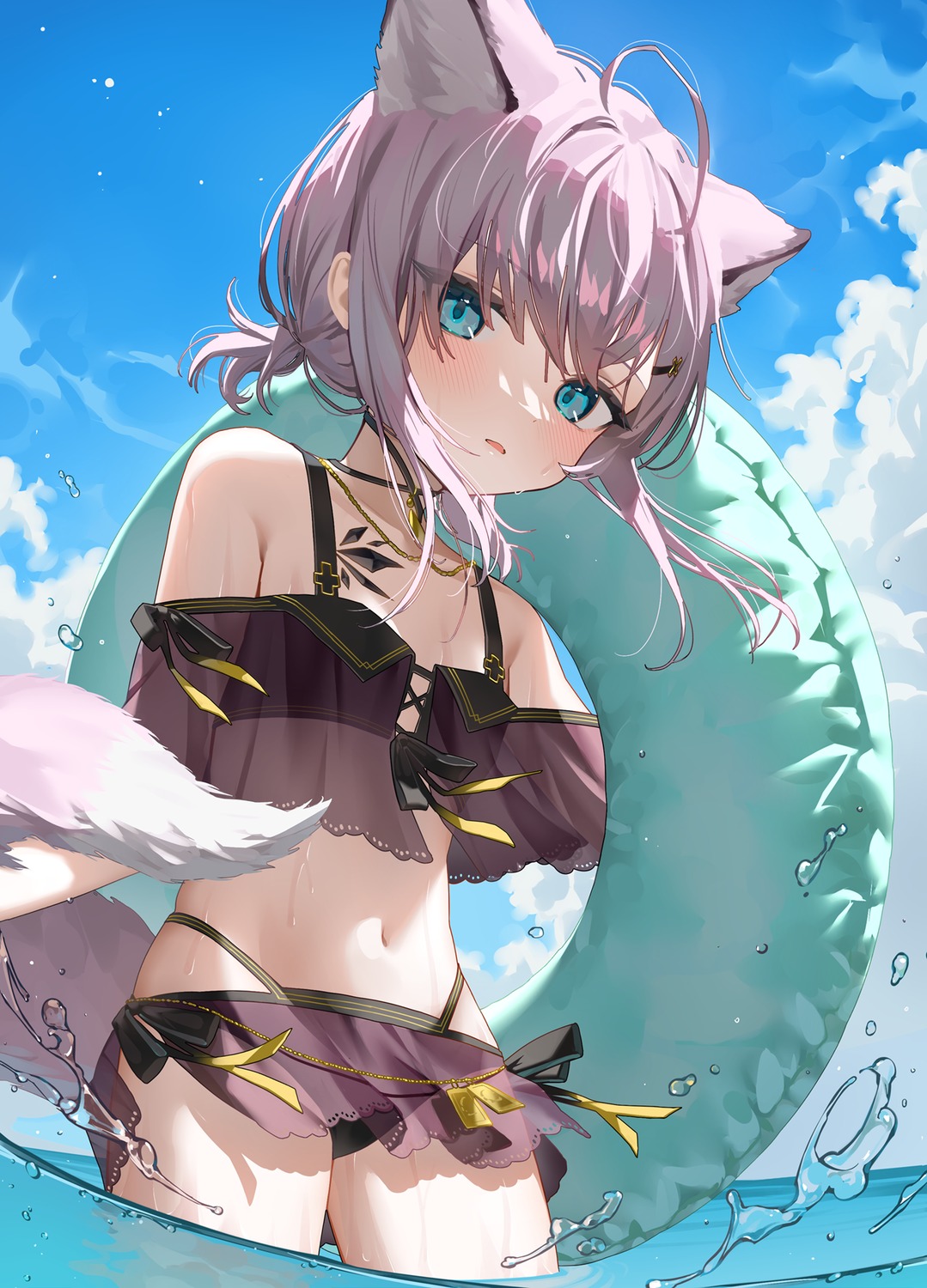 animal_ears, arknights, bikini, ningen_mame, see_through, skirt_lift, sussurro_(arknights), swimsuits