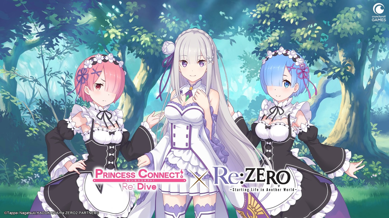 dress, elf, emilia_(re_zero), maid, pointy_ears, princess_connect!, princess_connect!_re:dive, ram_(re_zero)