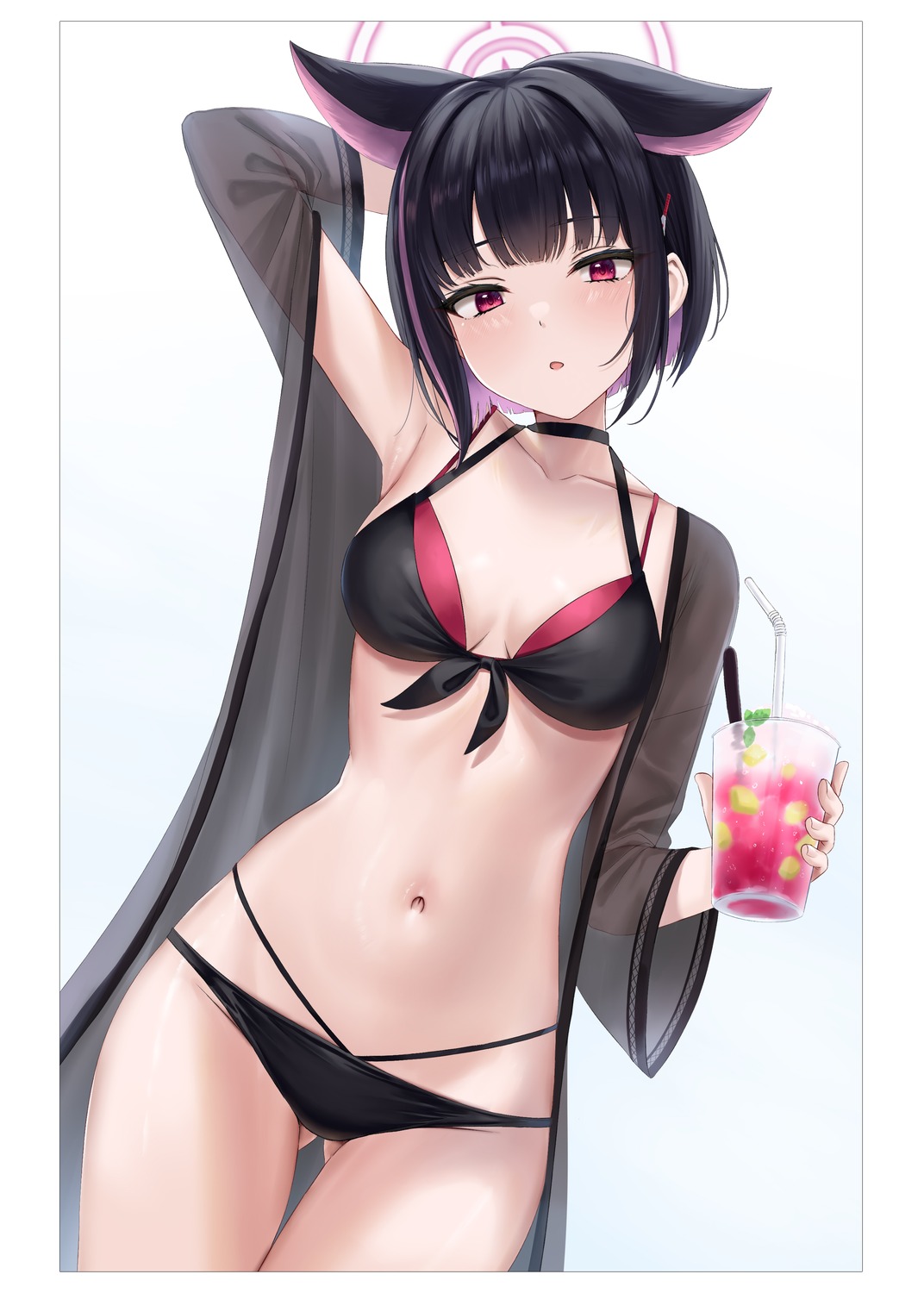 animal_ears, bikini, blue_archive, halo, kyouyama_kazusa, nekomimi, open_shirt, rama_(yu-light8)