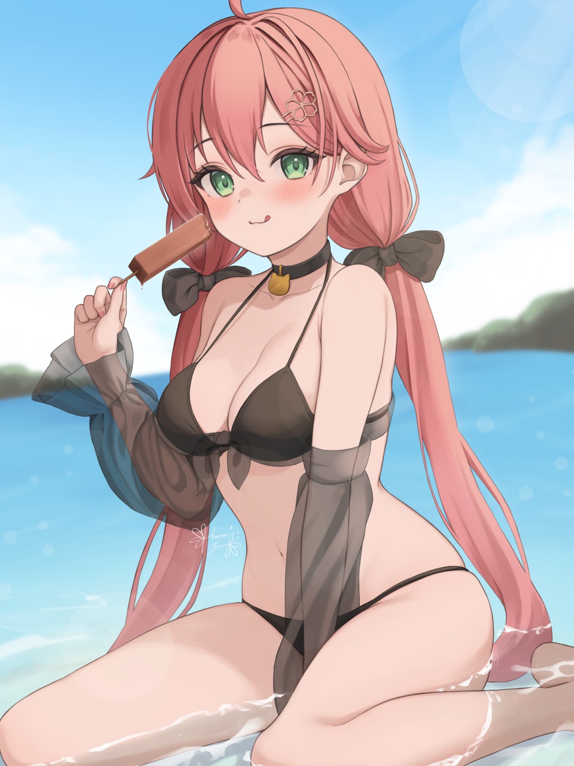 bikini, hanazawa_ma, hololive, sakura_miko, see_through, swimsuits, wet
