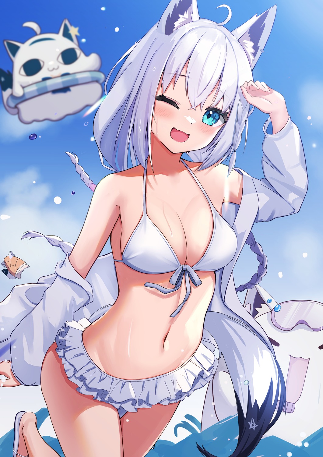 animal_ears, bikini, hololive, hololive_gamers, kitsune, open_shirt, parijennu222, shirakami_fubuki, swimsuits, tail