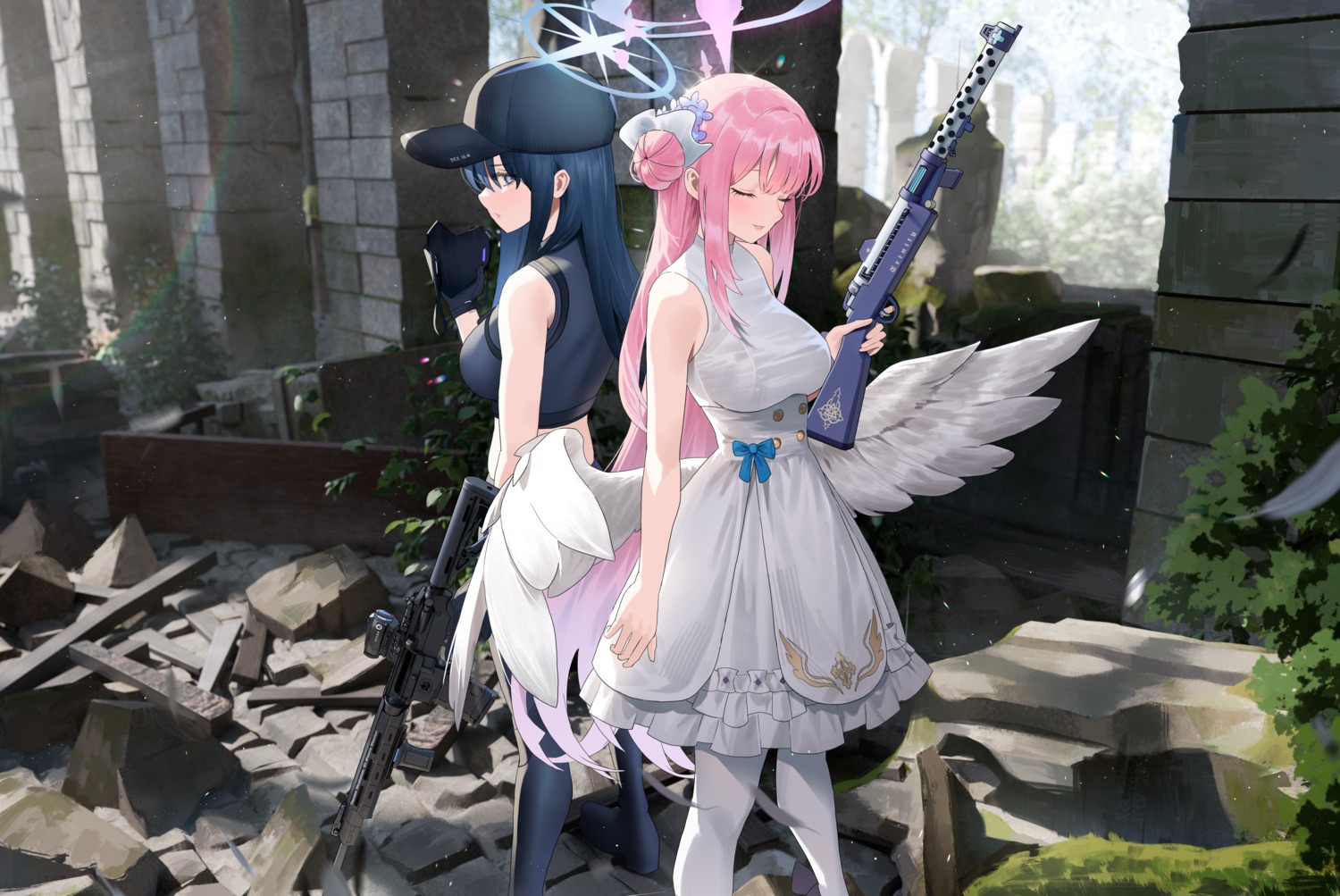 angel, blue_archive, cirilla, dress, gun, joumae_saori, misono_mika, pantyhose, wings