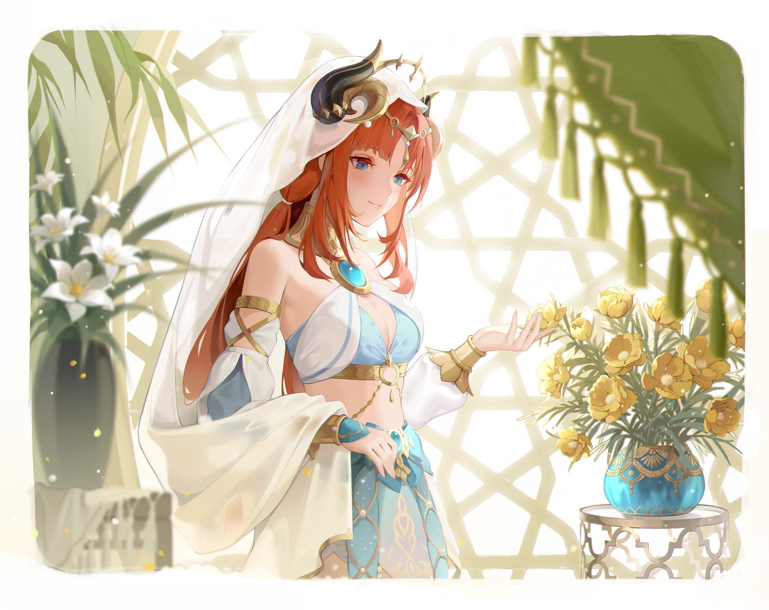 cleavage, genshin_impact, horns, minzu_u, nilou, no_bra