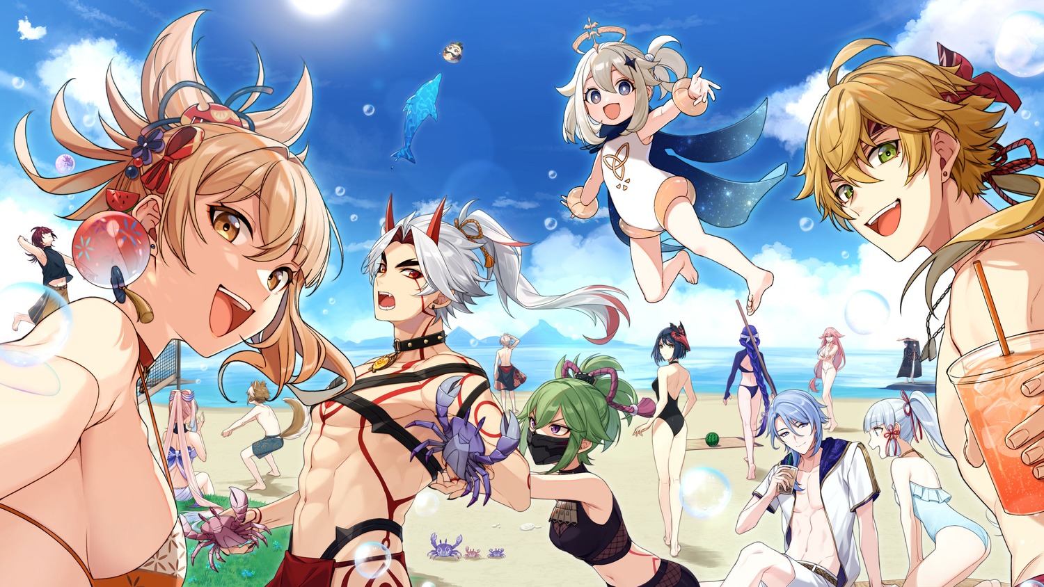 animal_ears, bikini, bikini_top, genshin_impact, horns, kitsune, onimoti, paimon, swimsuits, tattoo, thong